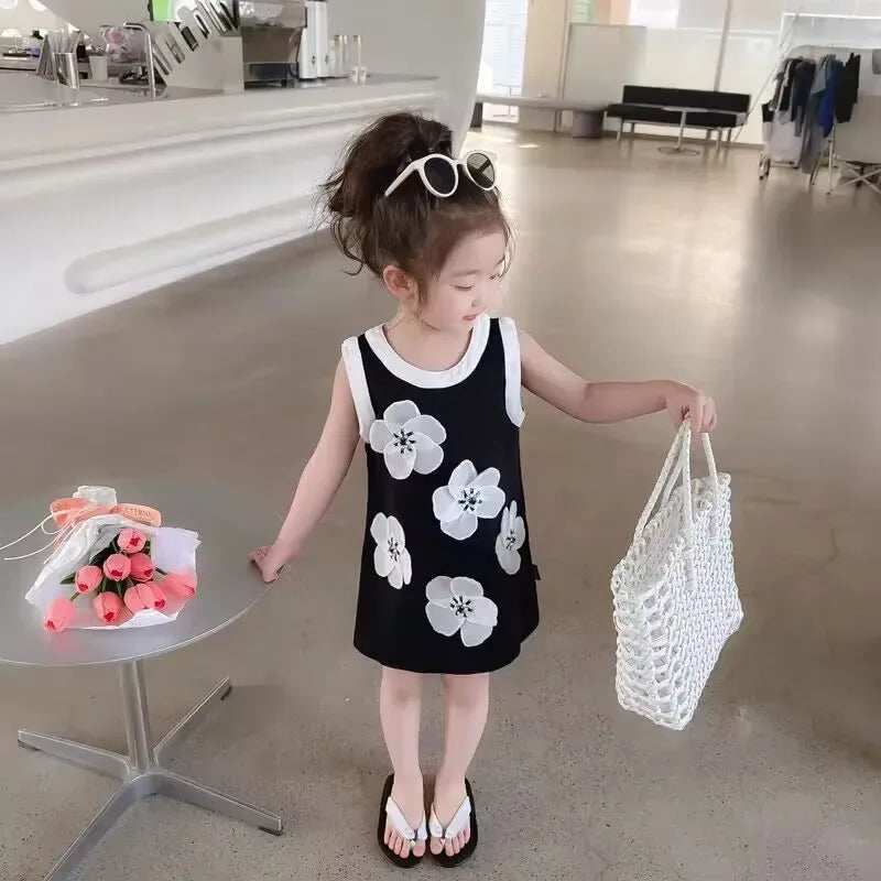 toddler girls black party dress with white floral print sleeveless and white sandals