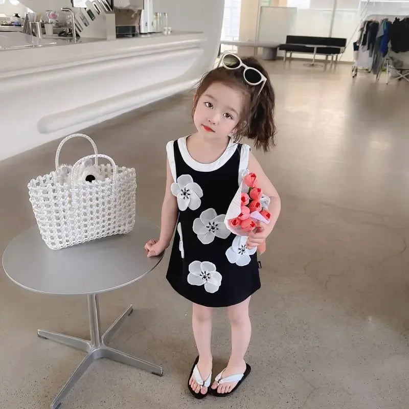 Toddler girls black and white party dress with large flower prints, sleeveless, size 2-3 years