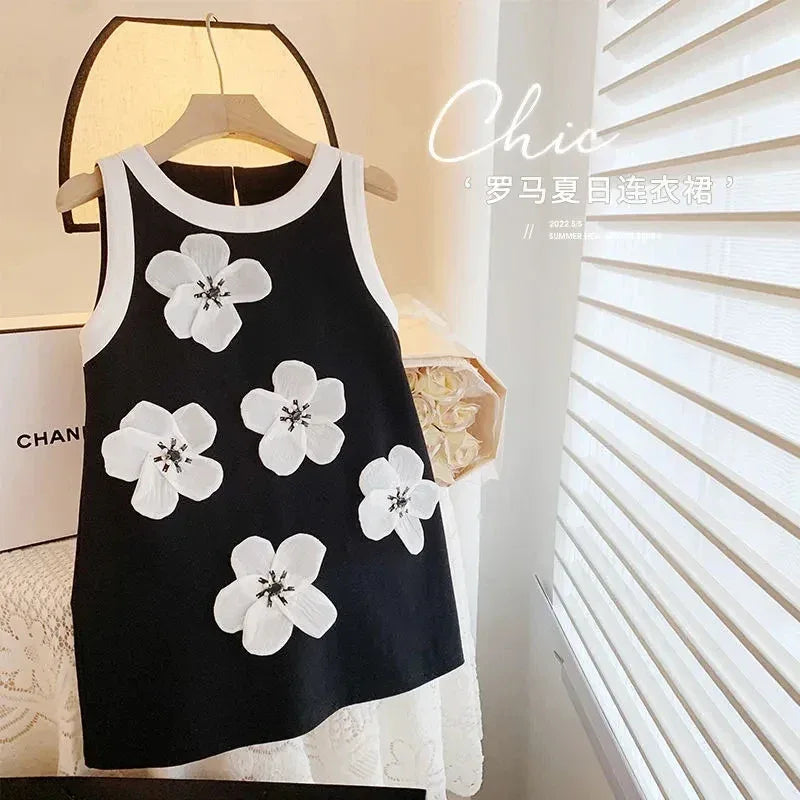 girls black sleeveless party dress with white floral appliques for kids