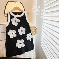 girls black sleeveless party dress with white floral appliques for kids
