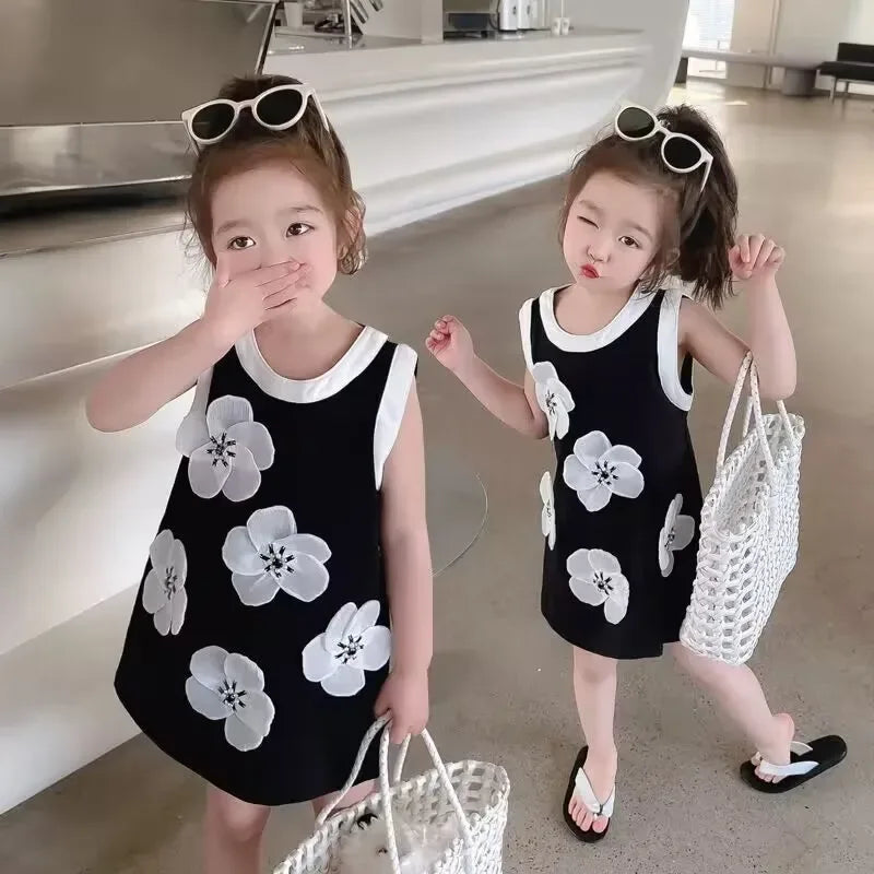 toddler girls black and white party dress with large floral print sleeveless size 2T to 4T