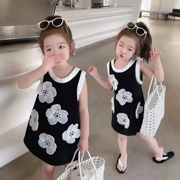 toddler girls black and white party dress with large floral print sleeveless size 2T to 4T