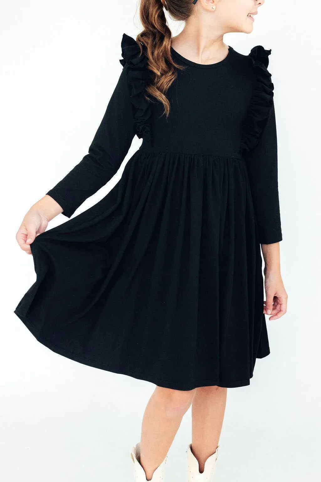 girls black ruffle twirl dress for girls long sleeve with ruffle shoulder detail