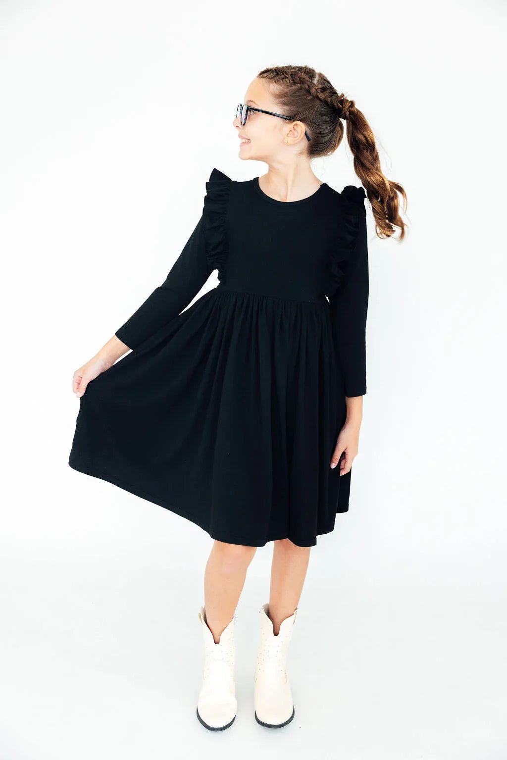 Girls black ruffle twirl dress for girls long sleeve with ruffle details on shoulders
