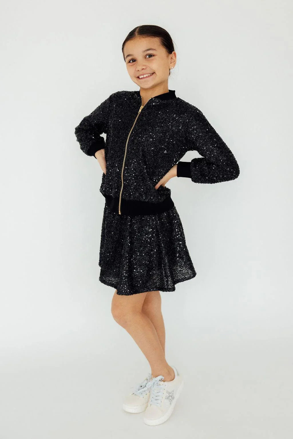 Girls black sequin jacket by Mila & Rose with long sleeves and gold zipper