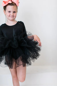 Girls black tutu leotard for girls with 3/4 sleeves and layered tulle skirt, size for young children
