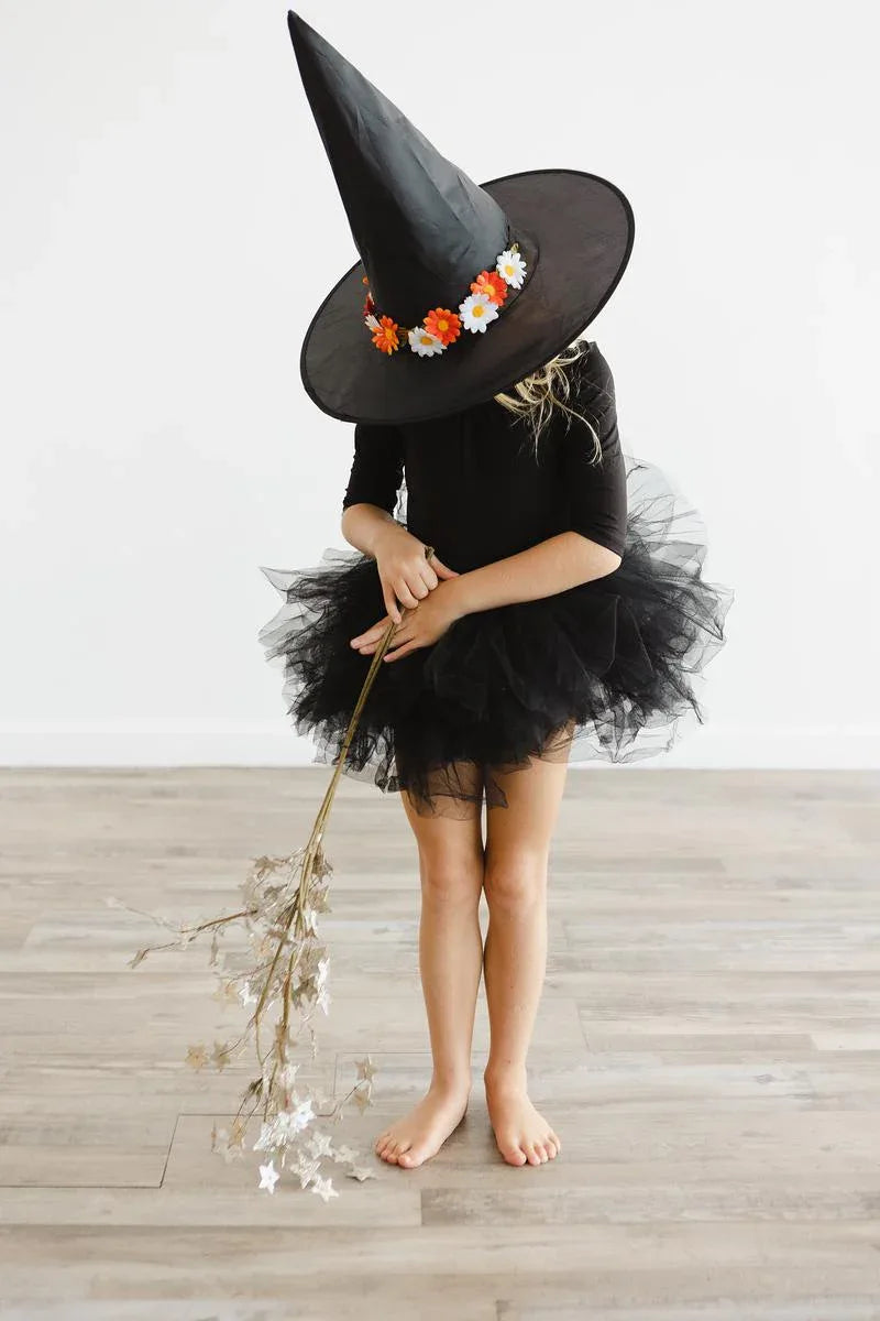 Girls black tutu leotard for girls 3/4 sleeve with layered tulle skirt and witch hat