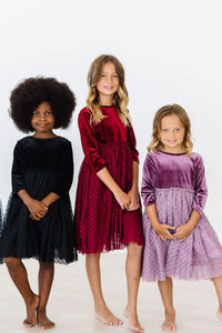 Girls black velvet tutu dress for girls with long sleeves and polka dot tulle skirt