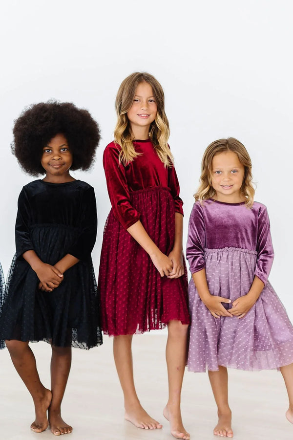 Girls black velvet tutu dress for girls with long sleeves and polka dot tulle skirt