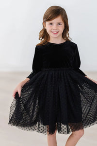 Girls black velvet tutu dress for girls with long sleeves and polka dot tulle skirt, size 6-7
