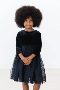 Girls black velvet tutu dress for girls with long sleeves and dotted tulle skirt