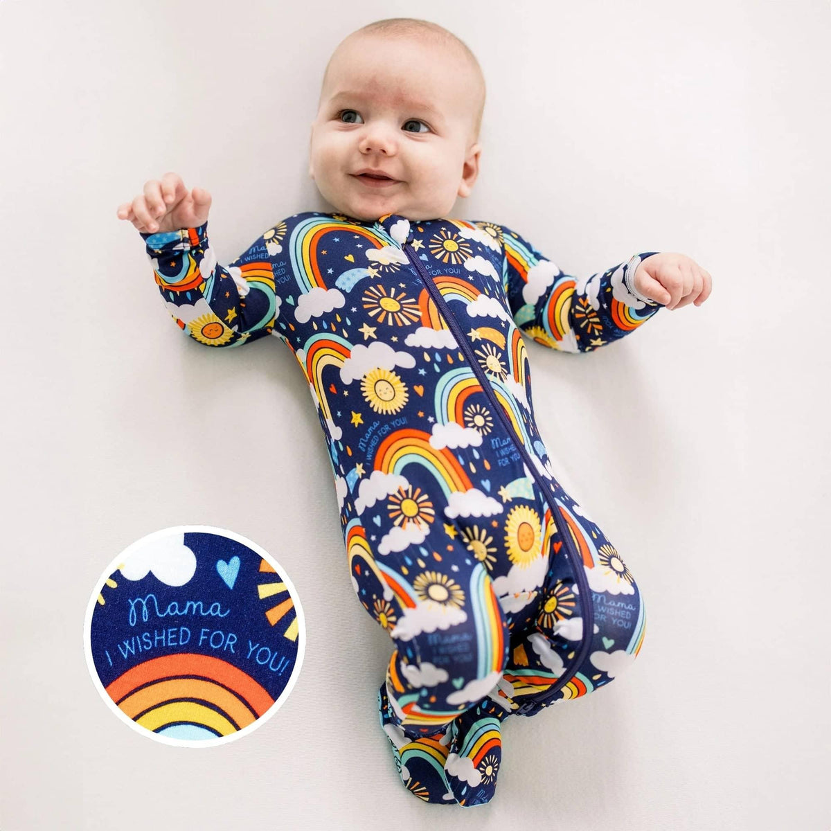 Raising Mama Blue Baby Footie Sleeper with Rainbow Print - The Palm Beach Baby