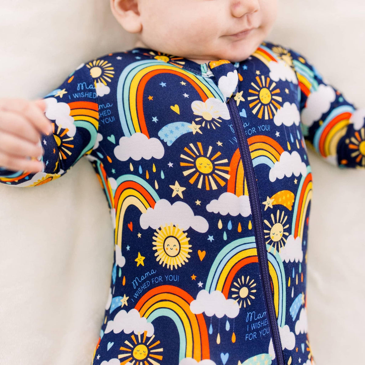 Raising Mama Blue Baby Footie Sleeper with Rainbow Print - The Palm Beach Baby