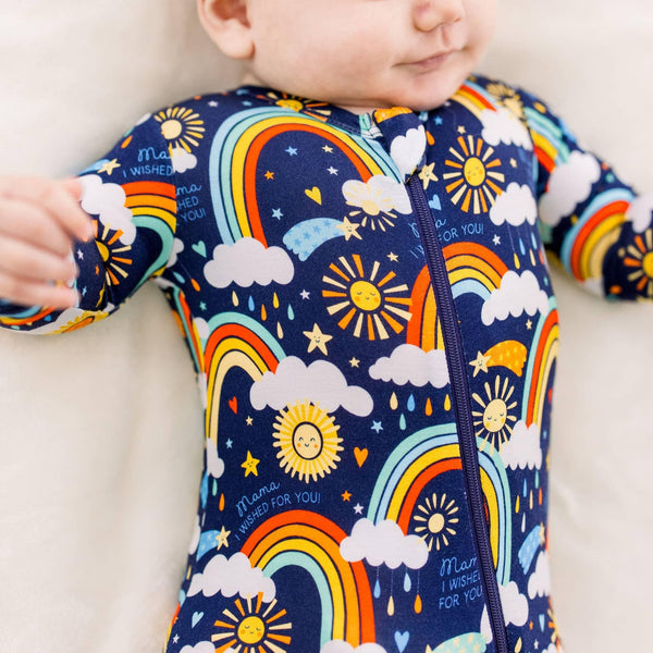 Raising Mama Blue Baby Footie Sleeper with Rainbow Print - The Palm Beach Baby