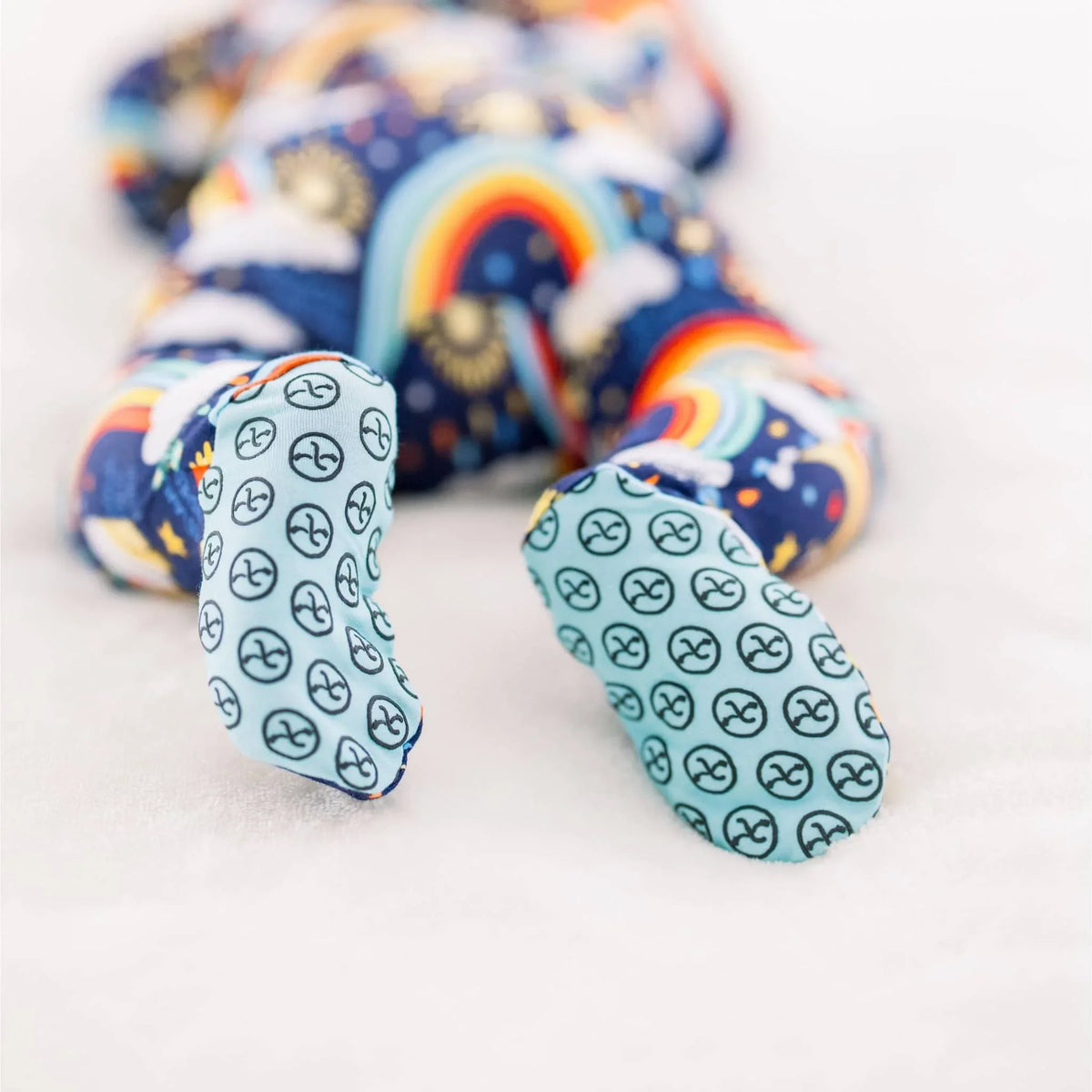Raising Mama Blue Baby Footie Sleeper with Rainbow Print - The Palm Beach Baby