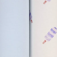 Close-up of blue baby swaddle blanket set showing solid light blue fabric and white fabric with purple popsicle print for newborns