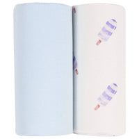 blue baby swaddle blanket set with one solid light blue and one white with purple popsicle print for newborns