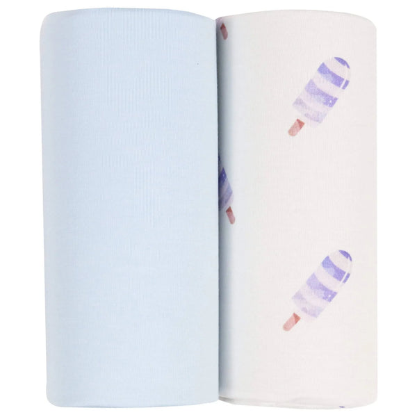 blue baby swaddle blanket set with one solid light blue and one white with purple popsicle print for newborns