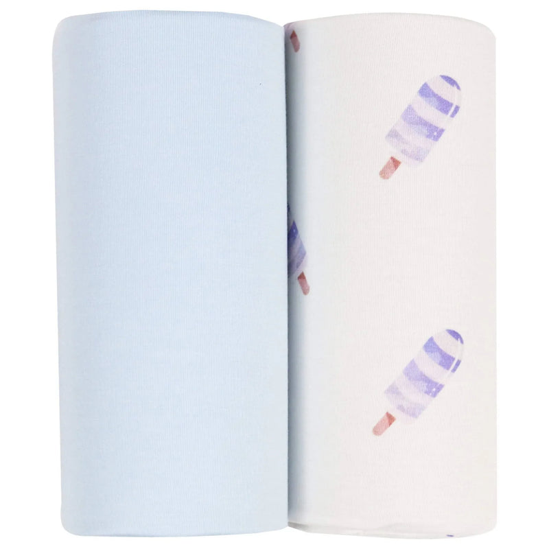 blue baby swaddle blanket set with one solid light blue and one white with purple popsicle print for newborns