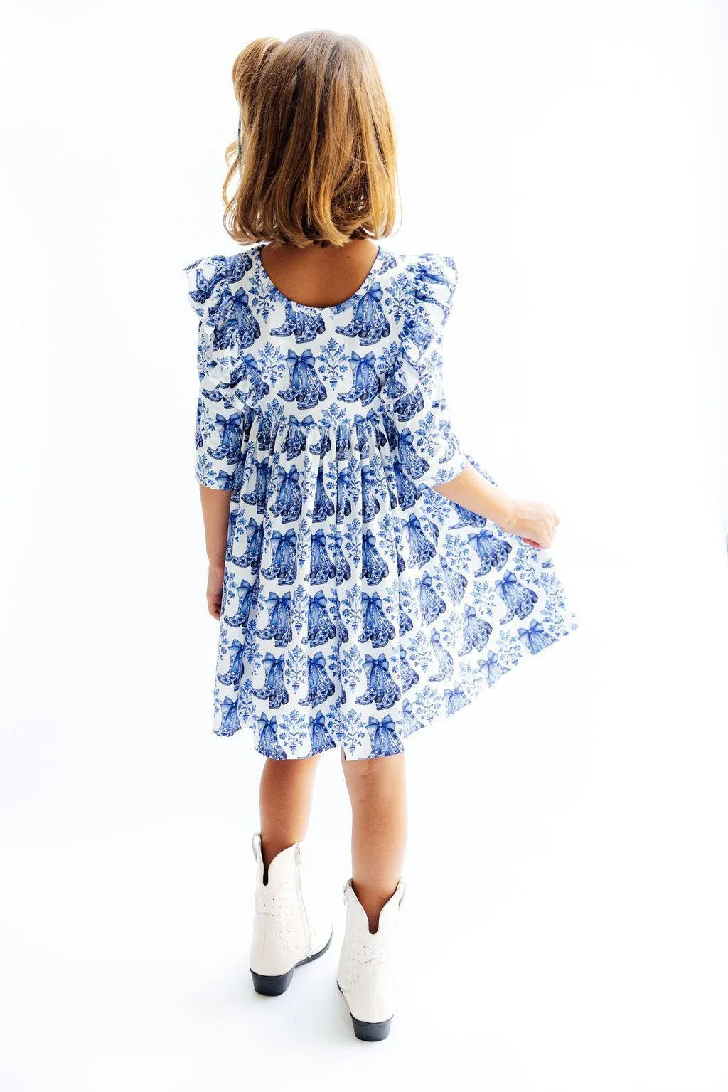 Girls blue and white 3 quarter sleeve ruffle twirl dress with floral pattern for toddlers