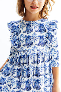 Girls blue and white 3/4 sleeve girls ruffle twirl dress with boot print and ruffle details