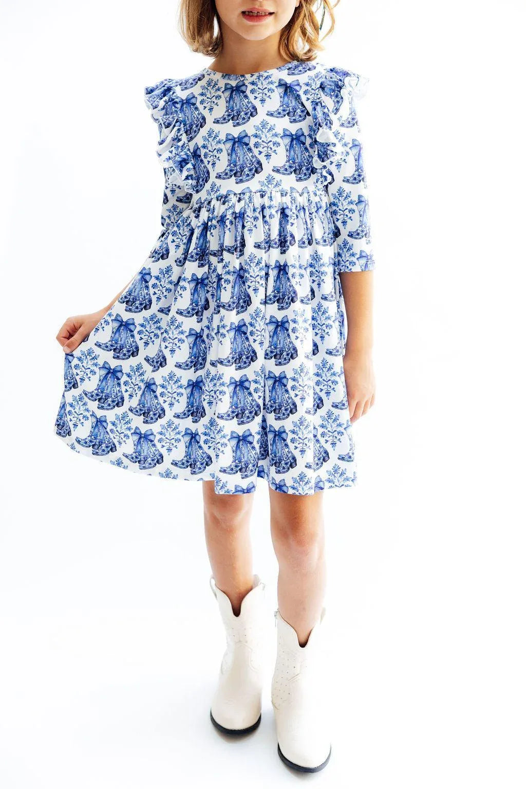 Girls white and blue floral girls ruffle twirl dress with 3/4 sleeves for young girls