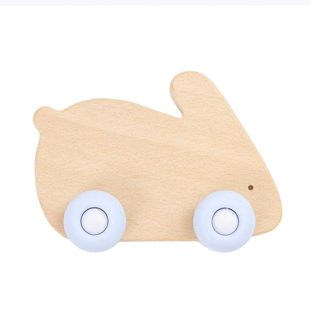 Blue bunny silicone wood teether with natural wood body and soft blue silicone wheels for babies