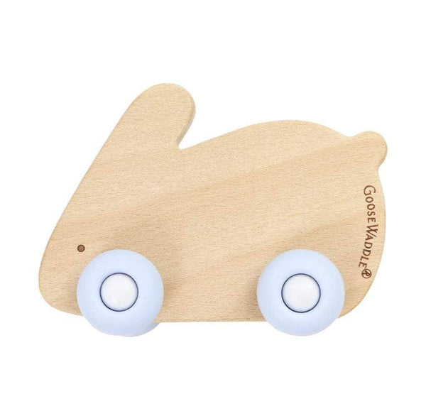 Blue bunny silicone wood teether in natural wood with soft blue silicone wheels for babies