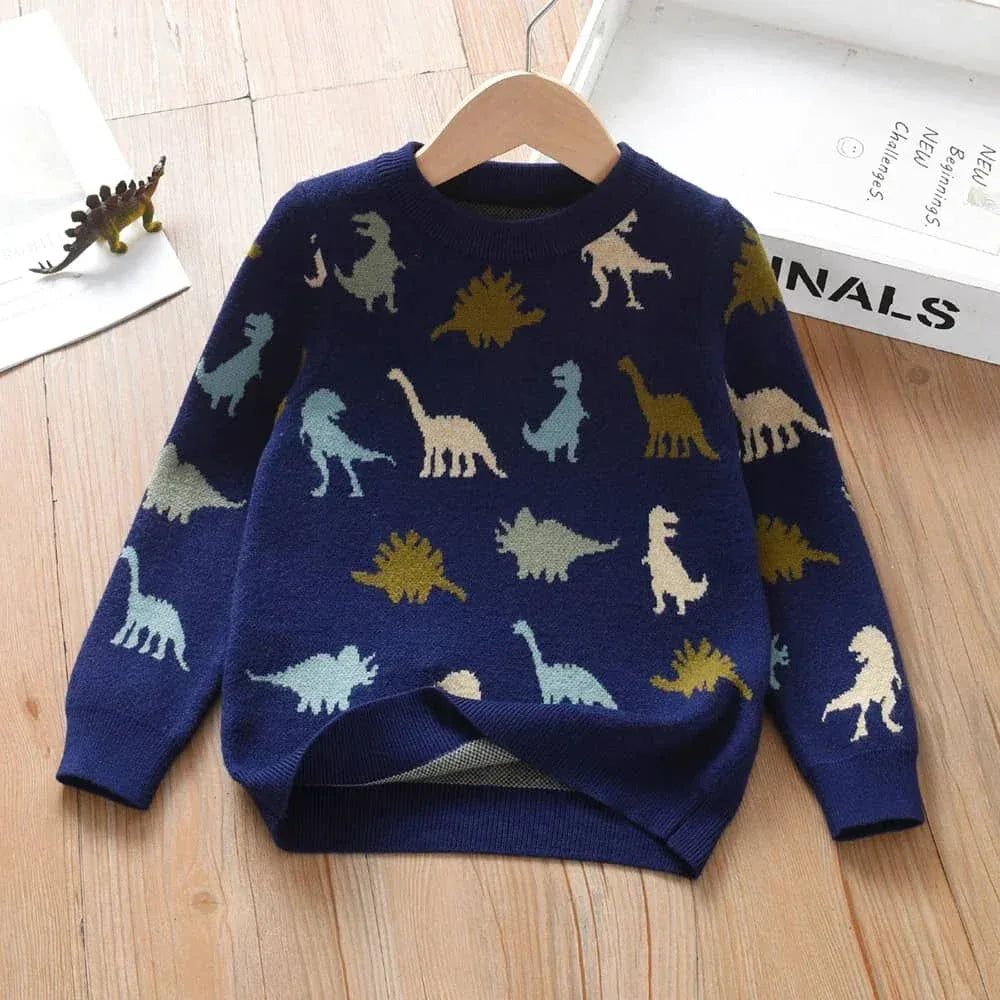 Blue Dinosaur Sweater for Kids - Cozy Boys Knit Pullover - The Palm Beach Baby