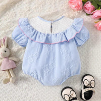 Blue embroidered baby bubble romper with white ruffled collar and pink trim for infants