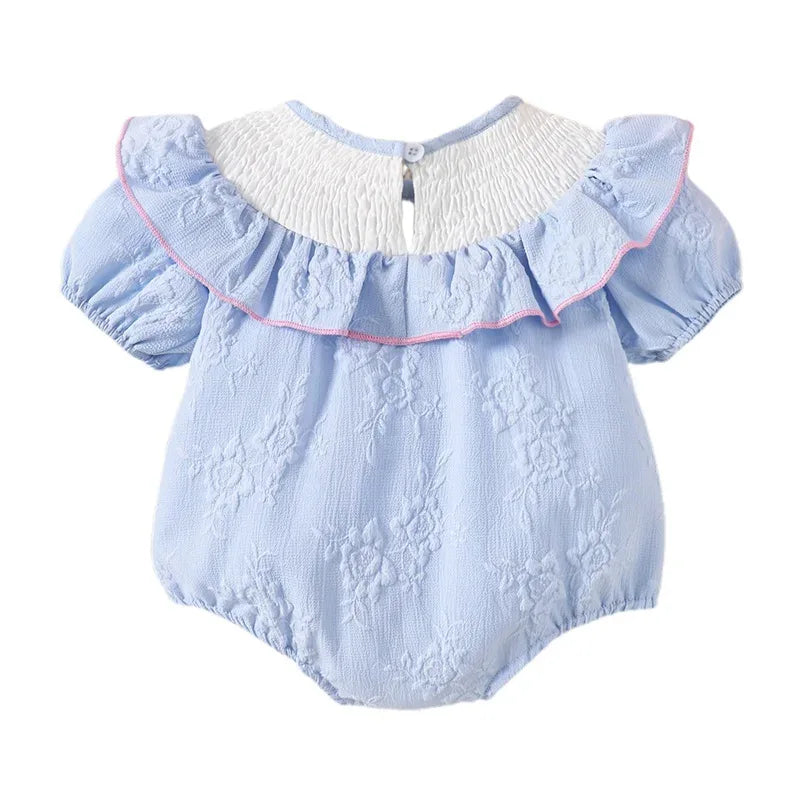 blue embroidered baby bubble romper for infants with ruffle collar and short sleeves