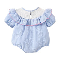 blue embroidered baby bubble romper for infants with ruffle collar and short sleeves