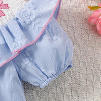 Blue embroidered baby bubble romper with pink trim, suitable for infants and toddlers