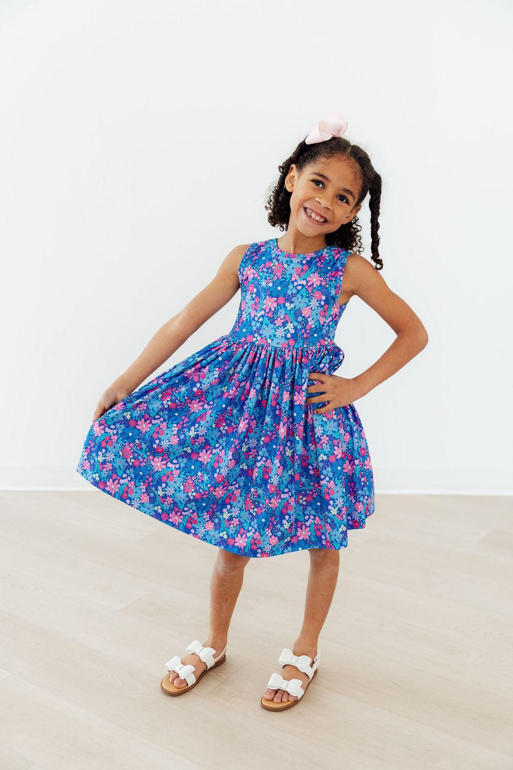 girls blue floral twirl tank dress with gathered waist sleeveless by Mila Rose