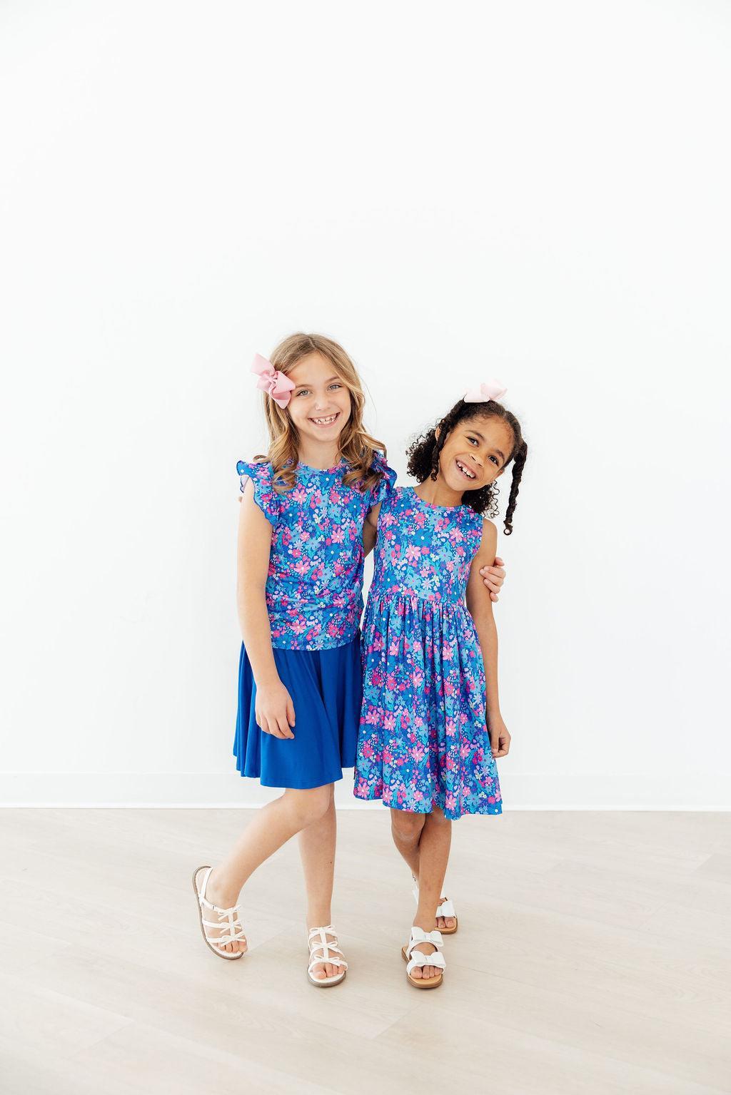 Girls blue floral tank dress and coordinating tank dress with blue skirt, toddler and girl sizes