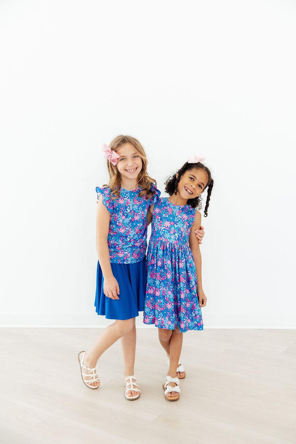 Girls blue floral tank dress and coordinating tank dress with blue skirt, toddler and girl sizes