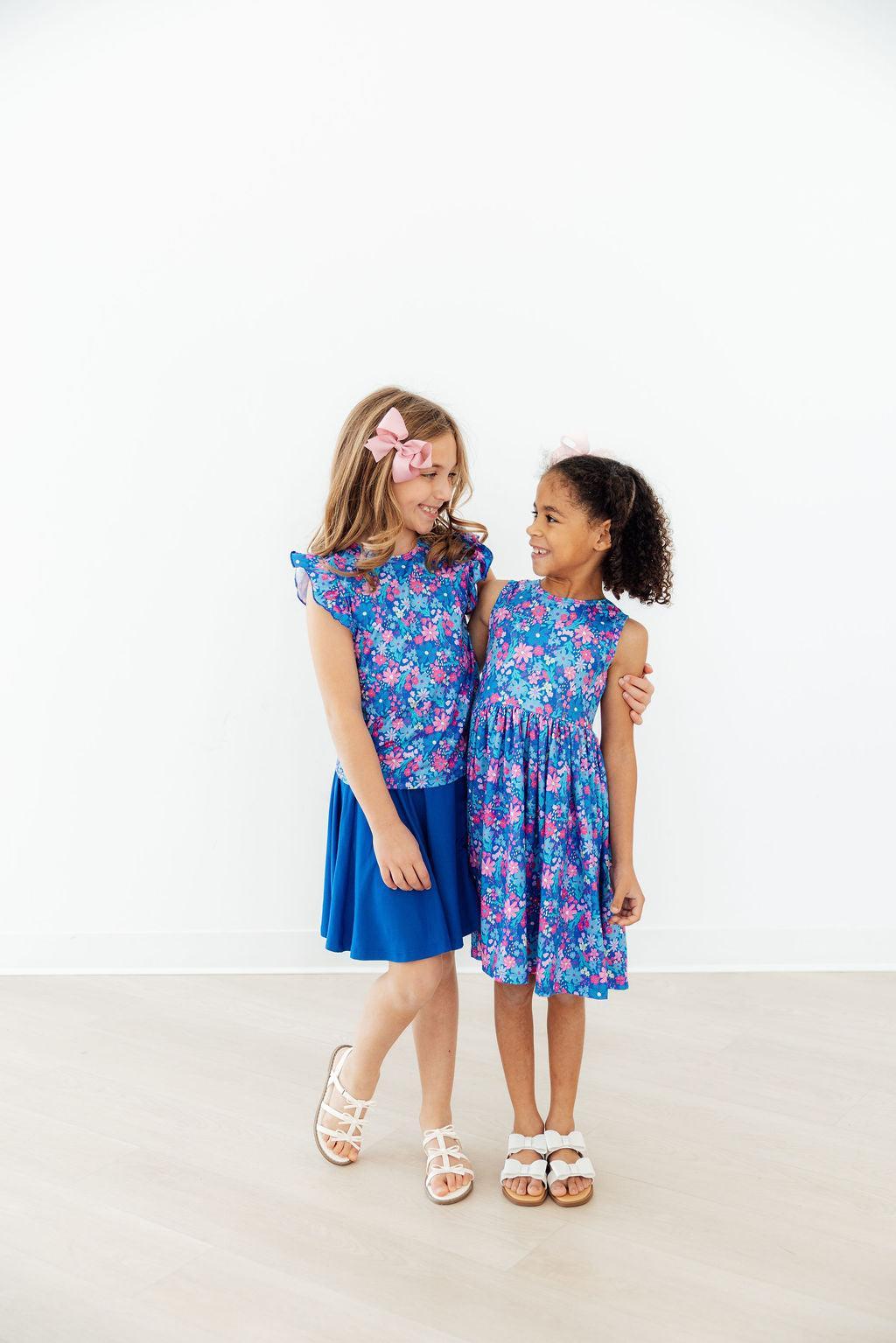 Girls blue floral Mila & Rose tank dress and skirt set with twirl style in sizes for children