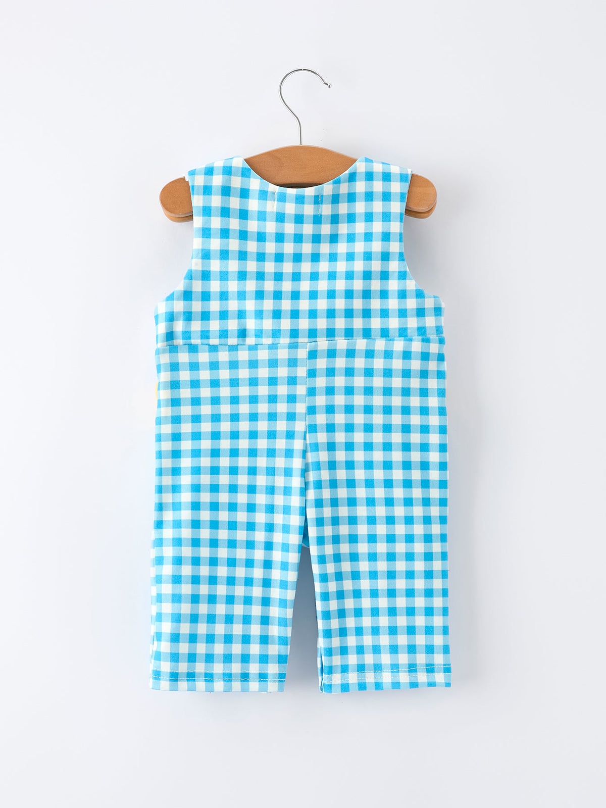 Rylee Faith Designs blue and white check fish embroidery baby romper for infants