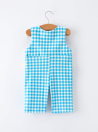 Rylee Faith Designs blue and white check fish embroidery baby romper for infants