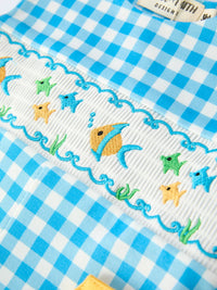 Rylee Faith Designs blue check fish embroidery baby romper with colorful fish embroidery for infants