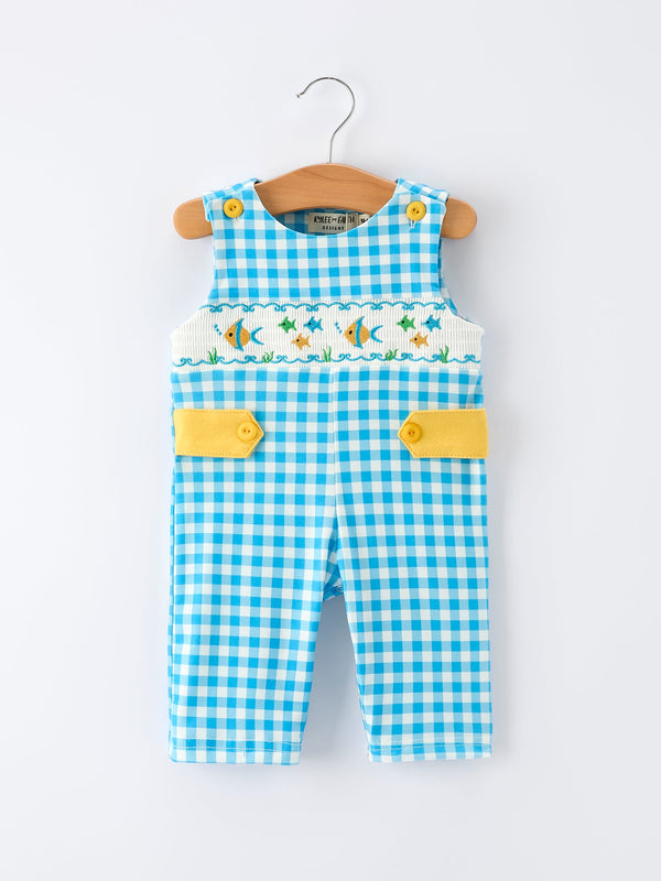 Blue and white check fish embroidery baby romper by Rylee Faith Designs for infants with yellow button details