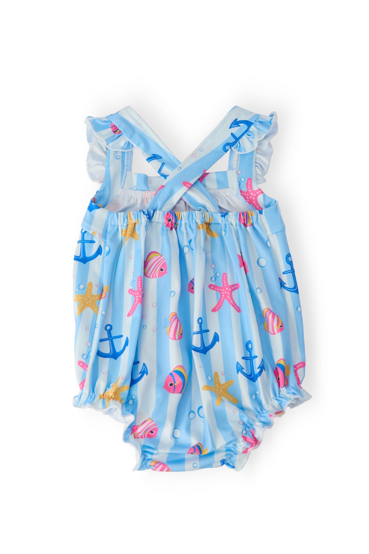 baby blue ruffle romper with cross back straps featuring nautical anchors and seashells