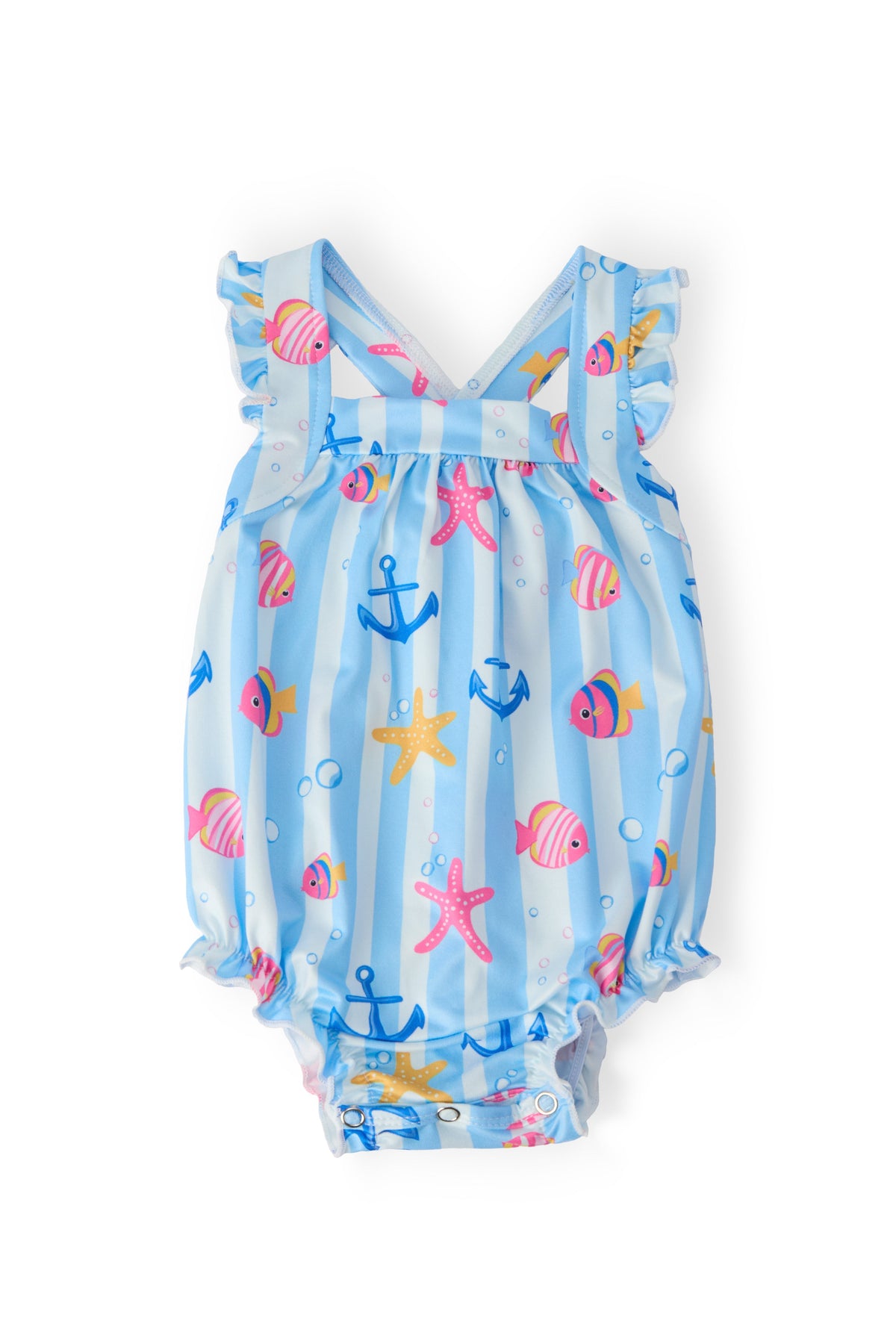 baby blue ruffle romper with ocean-themed print and cross back straps for infants