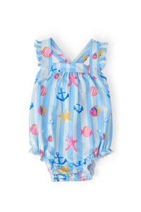 baby blue ruffle romper with ocean-themed print and cross back straps for infants