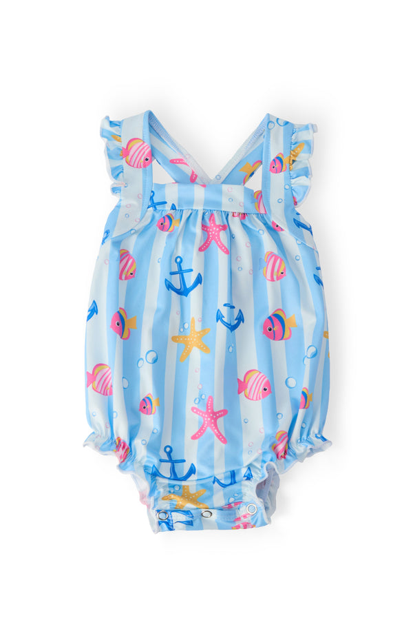 baby blue ruffle romper with ocean-themed print and cross back straps for infants