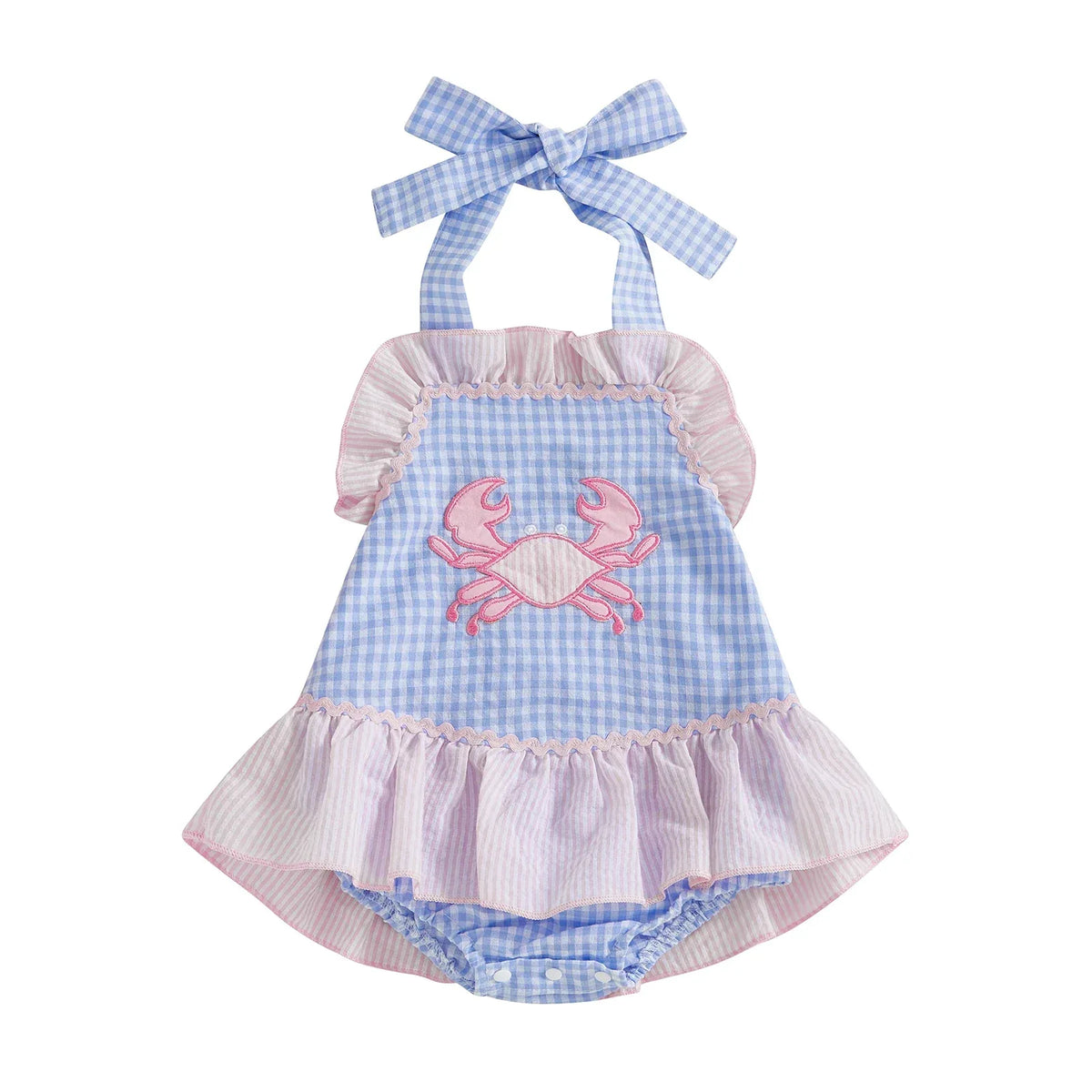 Crab baby girl swimwear blue gingham ruffle swimsuit with pink crab applique for infants