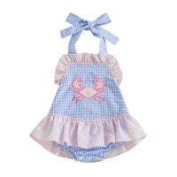 Crab baby girl swimwear blue gingham ruffle swimsuit with pink crab applique for infants