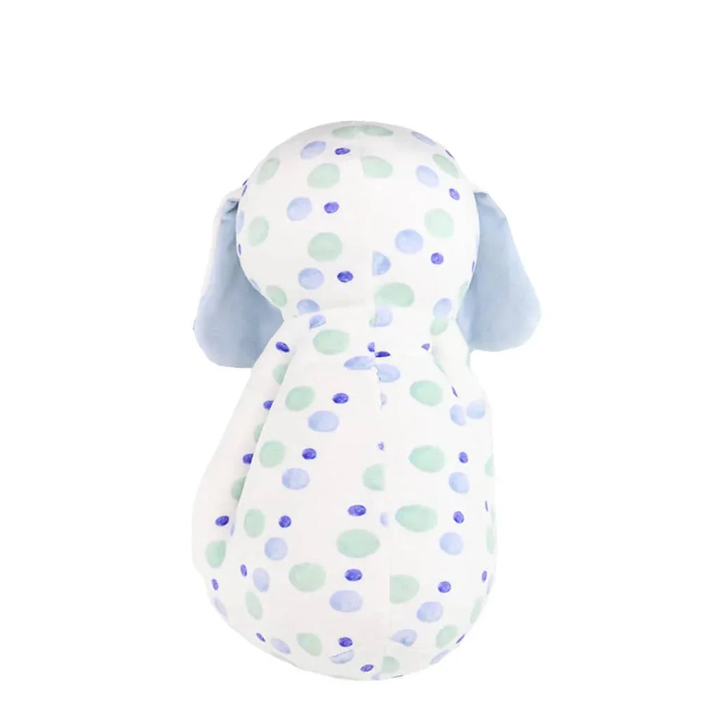 Blue puppy plush toy for babies sitting facing backward with pastel polka dots and soft blue ears