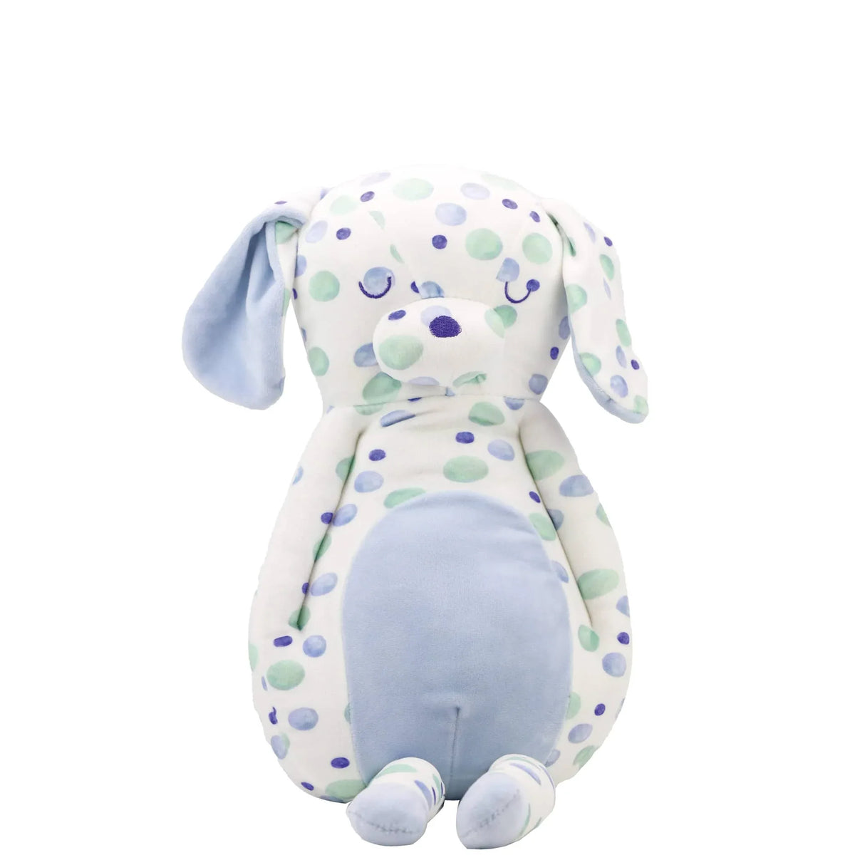 Blue puppy plush toy for babies with polka dots sitting upright with floppy ears