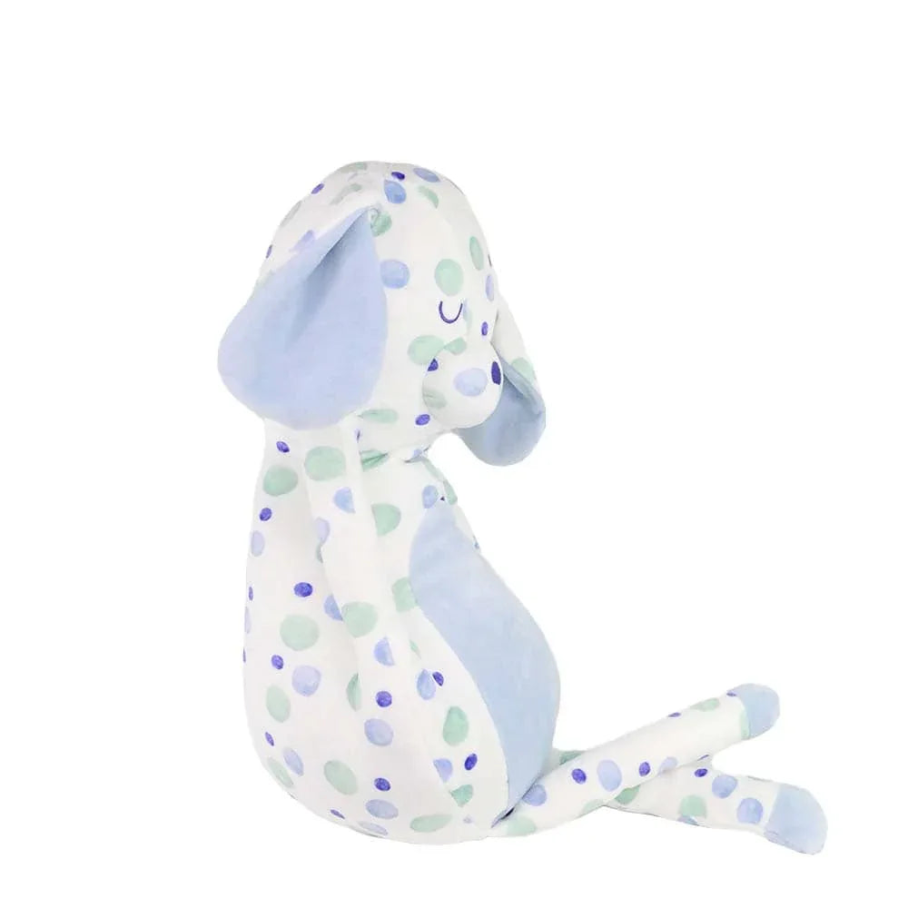 Blue puppy plush toy for babies sitting upright with eyes closed and soft polka dot pattern